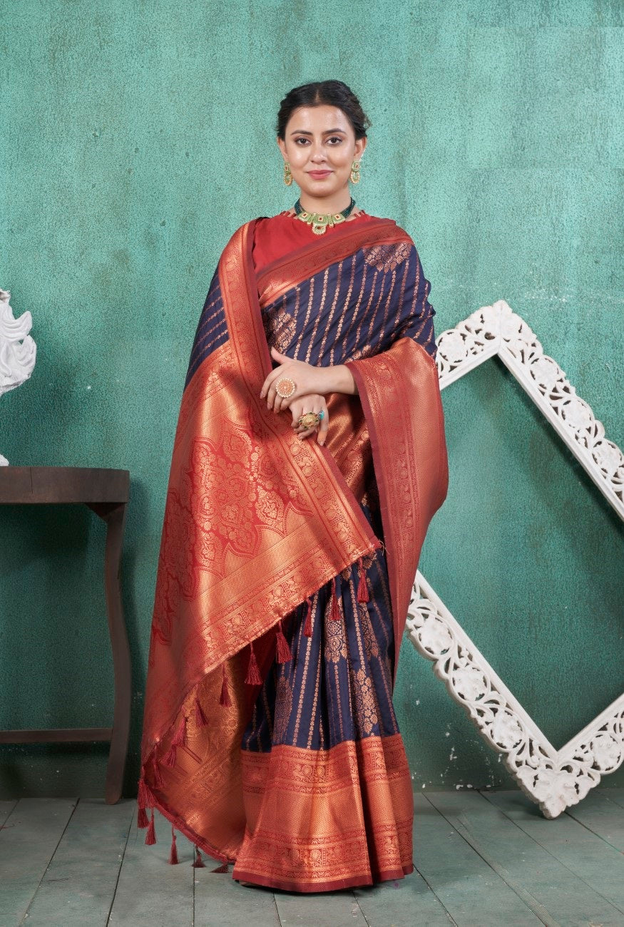 Vsaree Nvay Blue Kanjivaram Silk Saree With Designer Zari Weaving Border And Blouse