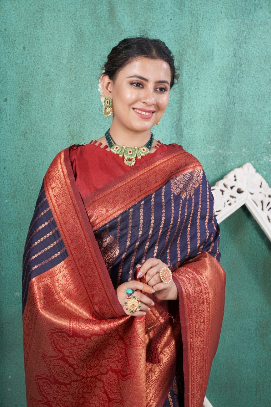 Vsaree Nvay Blue Kanjivaram Silk Saree With Designer Zari Weaving Border And Blouse