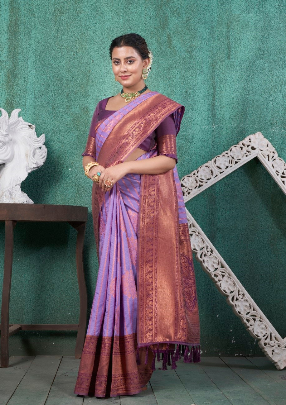 Vsaree Purple Kanjivaram Silk Saree With Designer Zari Weaving Border And Blouse