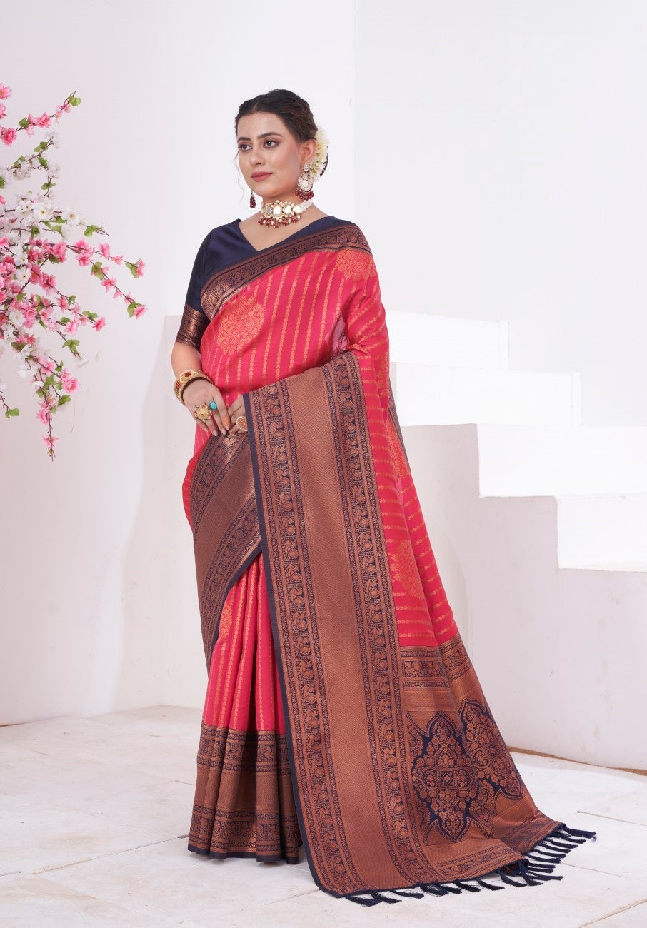 Vsaree Red Kanjivaram Silk Saree With Designer Zari Weaving Border And Blouse