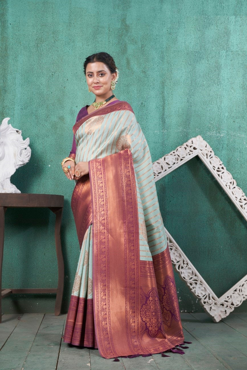 Vsaree Sea Green Kanjivaram Silk Saree With Designer Zari Weaving Border And Blouse