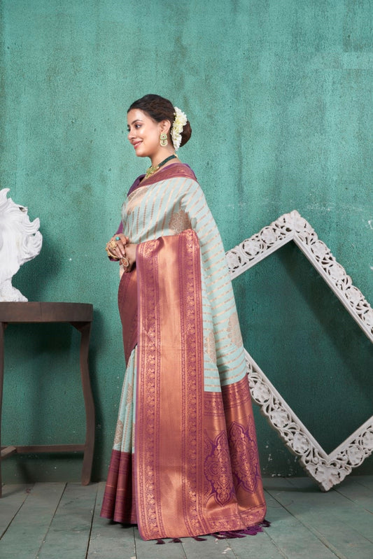 Vsaree Sea Green Kanjivaram Silk Saree With Designer Zari Weaving Border And Blouse