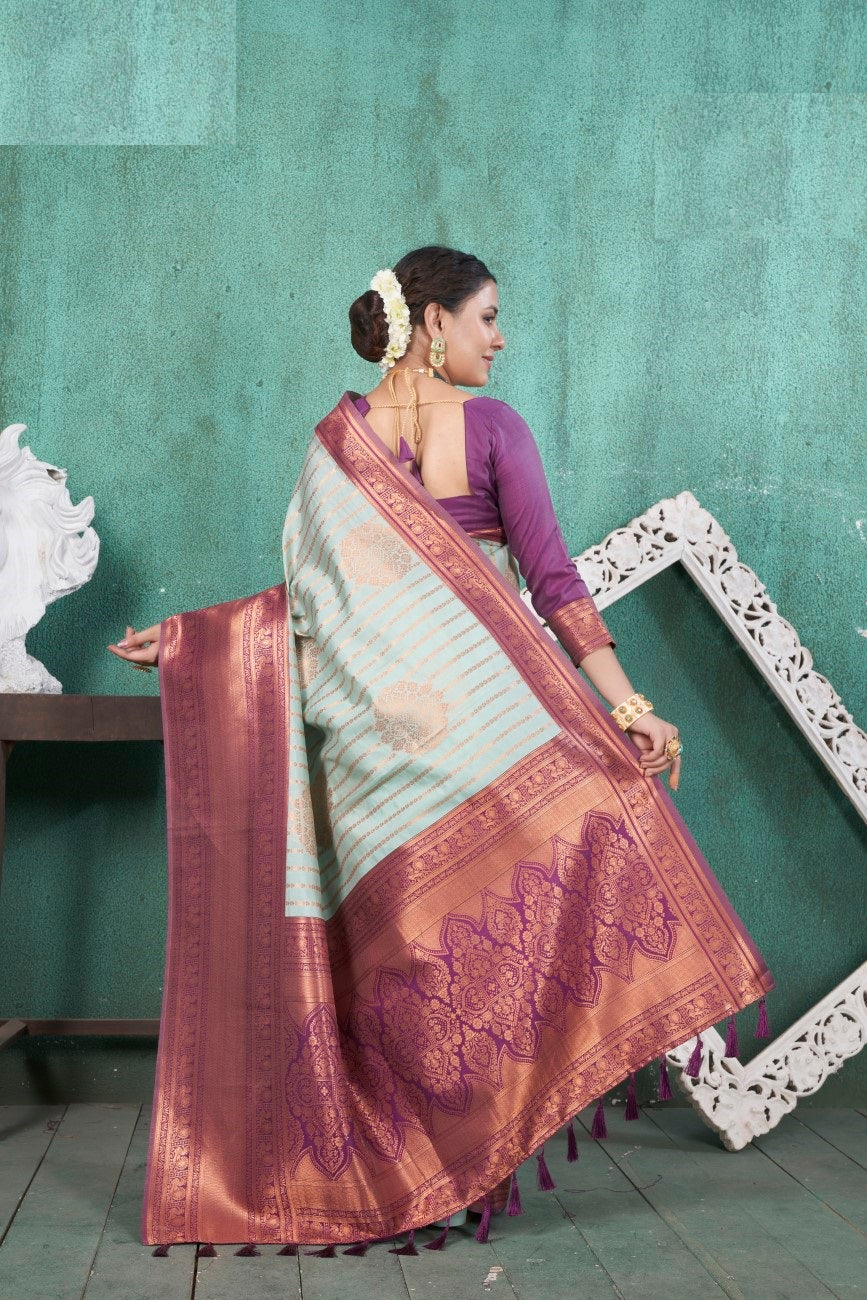 Vsaree Sea Green Kanjivaram Silk Saree With Designer Zari Weaving Border And Blouse