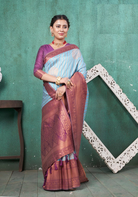 Vsaree Sky Blue Kanjivaram Silk Saree With Designer Zari Weaving Border And Blouse