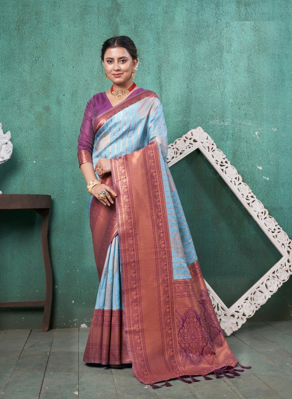 Vsaree Sky Blue Kanjivaram Silk Saree With Designer Zari Weaving Border And Blouse