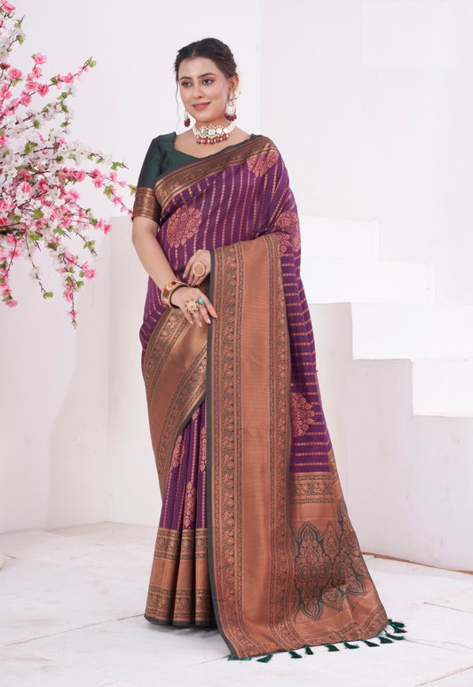 Vsaree Wine Kanjivaram Silk Saree With Designer Zari Weaving Border And Blouse