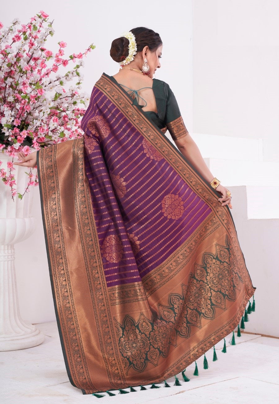 Vsaree Wine Kanjivaram Silk Saree With Designer Zari Weaving Border And Blouse