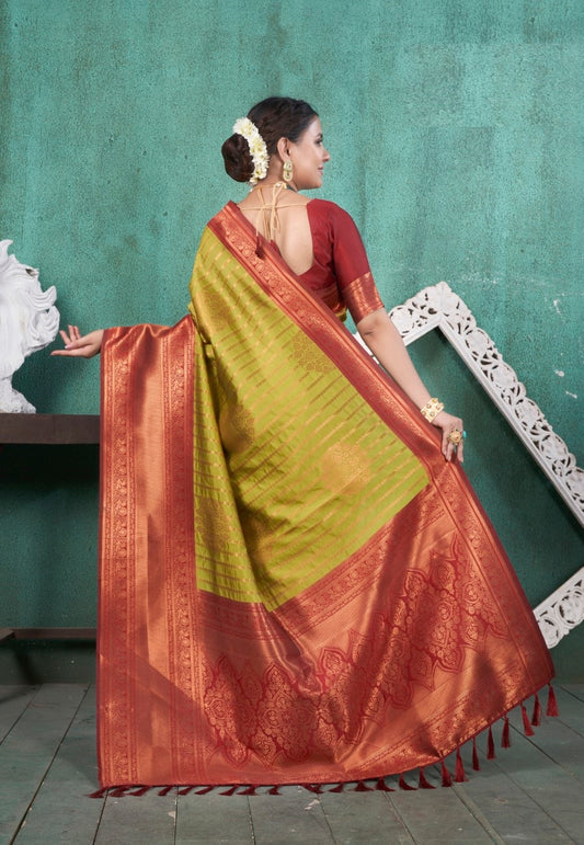 Vsaree Yellow Kanjivaram Silk Saree With Designer Zari Weaving Border And Blouse