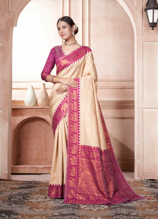 Vsaree Cream Faux Kanjivaram Silk Saree With Designer Zari Weaving Border And Blouse