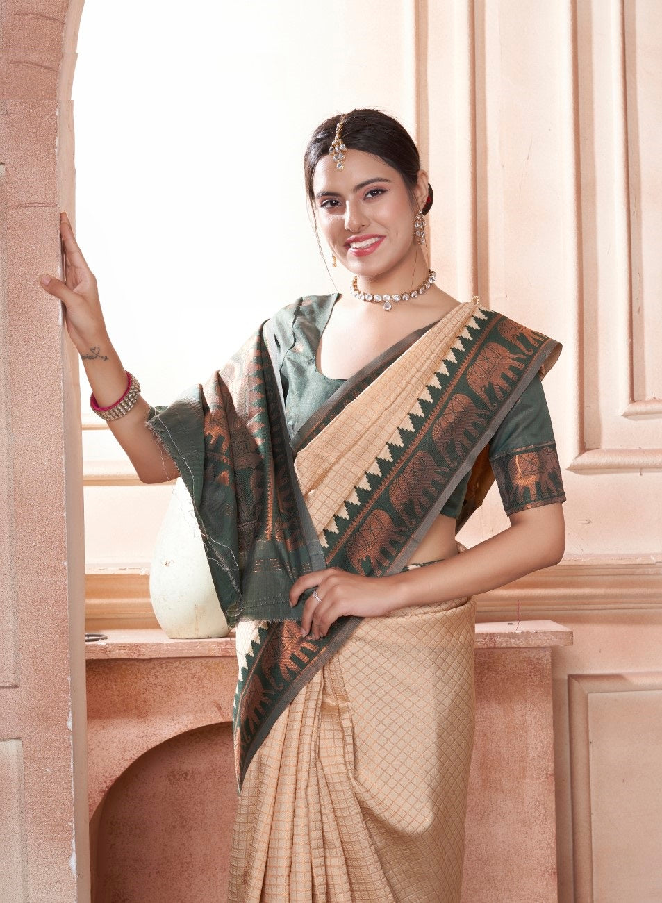 Vsaree Dark Green Faux Kanjivaram Silk Saree With Designer Zari Weaving Border And Blouse