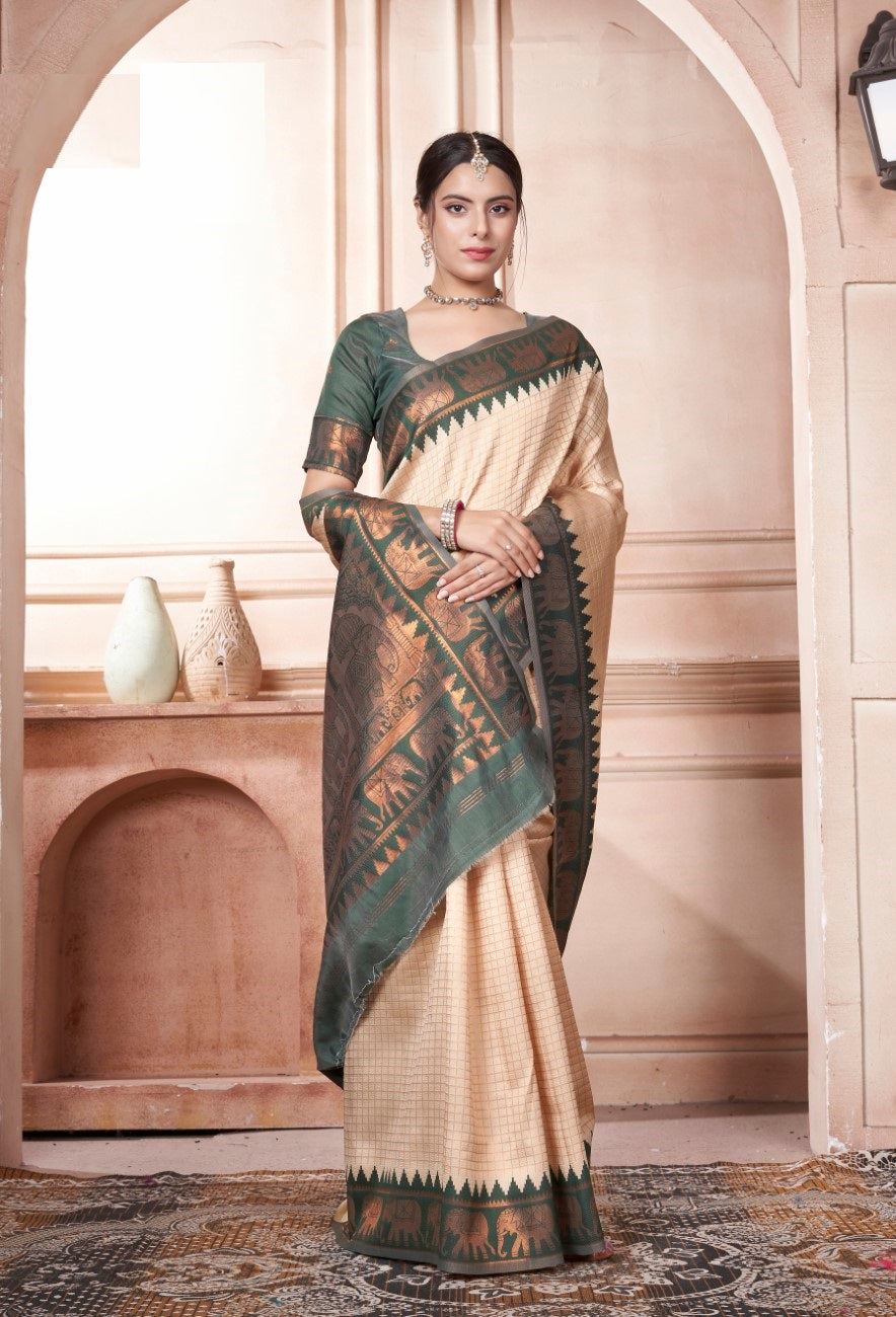 Vsaree Dark Green Faux Kanjivaram Silk Saree With Designer Zari Weaving Border And Blouse