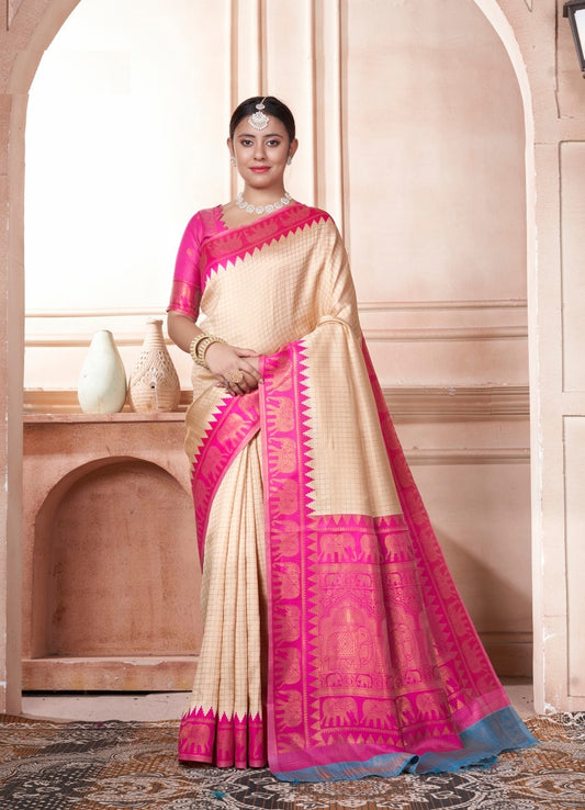 Vsaree Light Pink Faux Kanjivaram Silk Saree With Designer Zari Weaving Border And Blouse