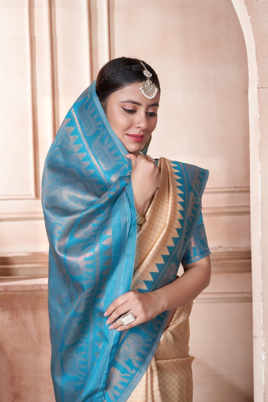 Vsaree Light Teal Faux Kanjivaram Silk Saree With Designer Zari Weaving Border And Blouse