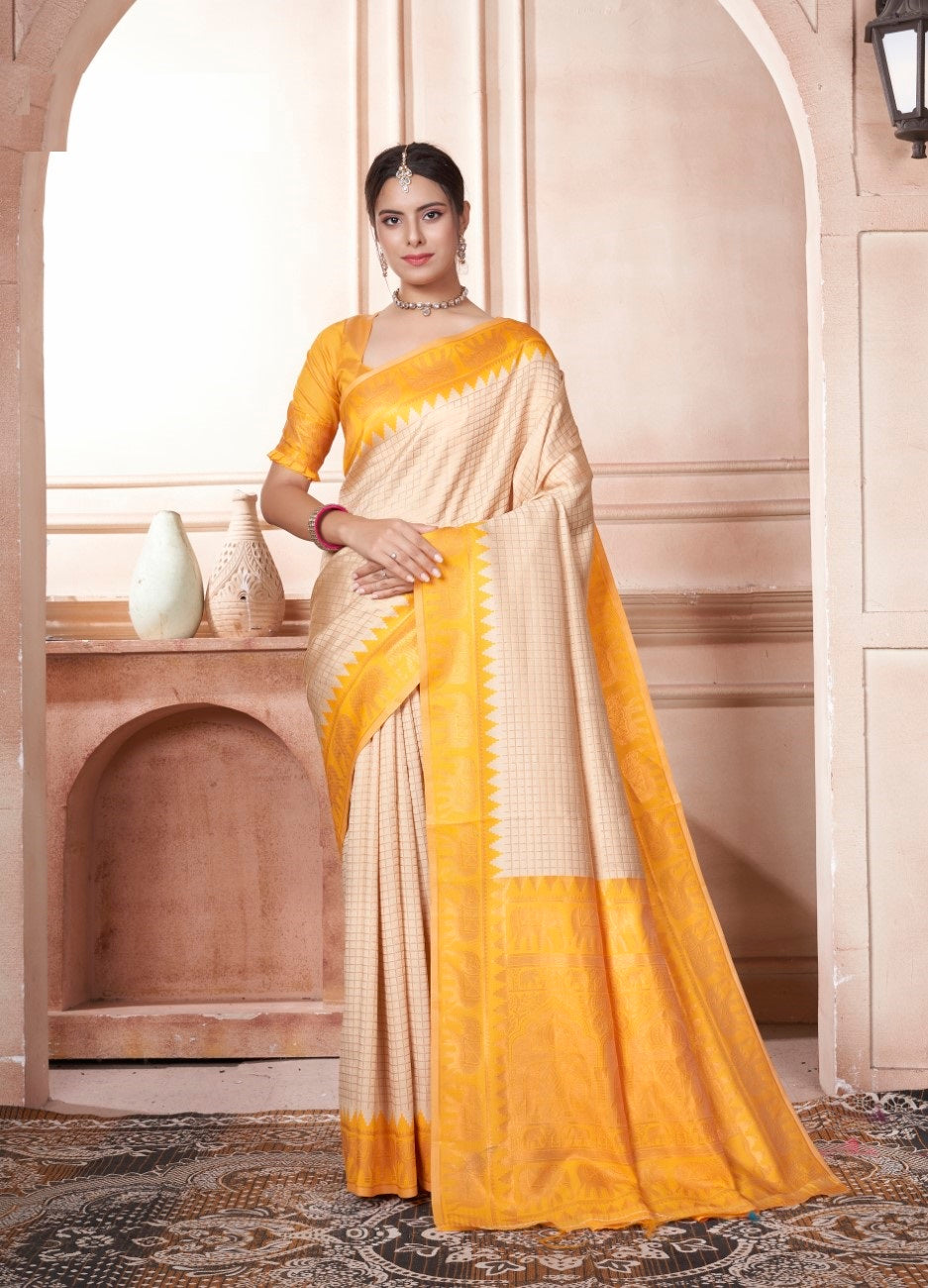 Vsaree Mustard Faux Kanjivaram Silk Saree With Designer Zari Weaving Border And Blouse