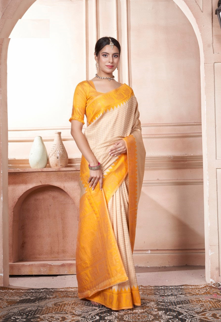 Vsaree Mustard Faux Kanjivaram Silk Saree With Designer Zari Weaving Border And Blouse