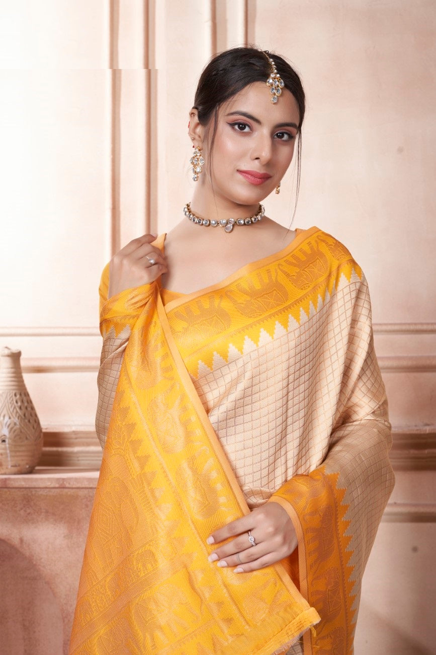 Vsaree Mustard Faux Kanjivaram Silk Saree With Designer Zari Weaving Border And Blouse