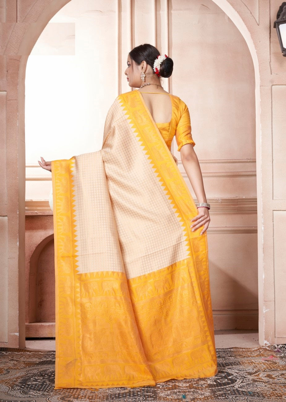 Vsaree Mustard Faux Kanjivaram Silk Saree With Designer Zari Weaving Border And Blouse