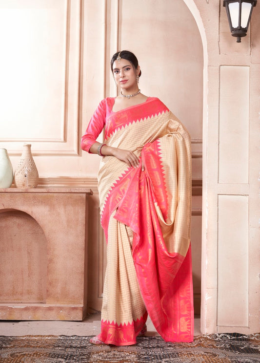 Vsaree Rani Pink Faux Kanjivaram Silk Saree With Designer Zari Weaving Border And Blouse