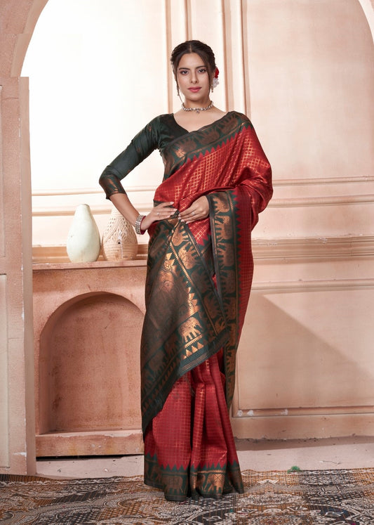 Vsaree Red Faux Kanjivaram Silk Saree With Designer Zari Weaving Border And Blouse