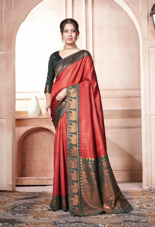 Vsaree Red Faux Kanjivaram Silk Saree With Designer Zari Weaving Border And Blouse