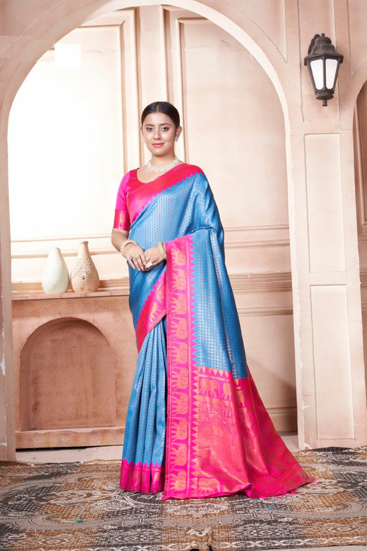 Vsaree Royal Blue Faux Kanjivaram Silk Saree With Designer Zari Weaving Border And Blouse