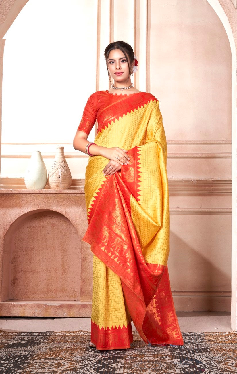 Vsaree Yellow Faux Kanjivaram Silk Saree With Designer Zari Weaving Border And Blouse