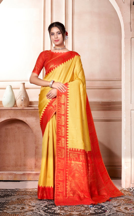 Vsaree Yellow Faux Kanjivaram Silk Saree With Designer Zari Weaving Border And Blouse