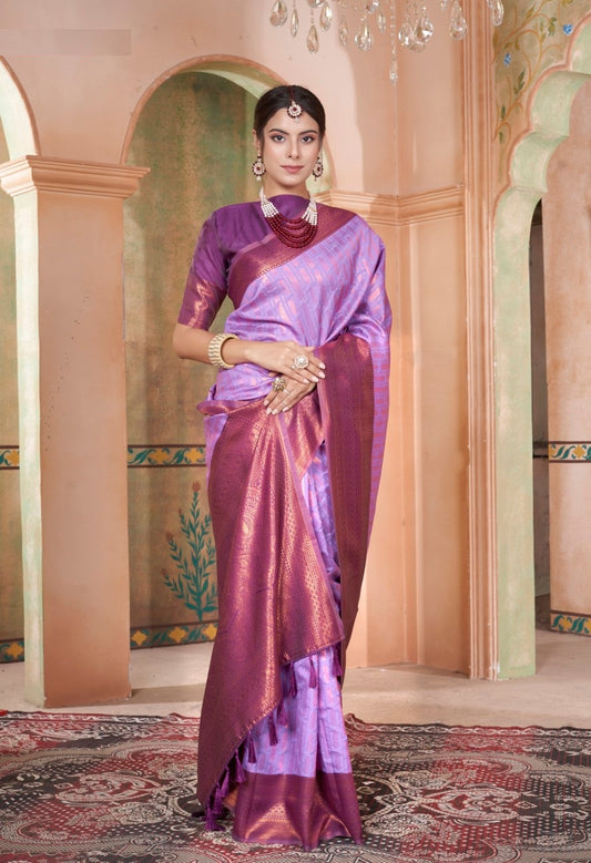 Vsaree Lavender Faux Kanjivaram Silk Saree With Designer Zari Weaving Border And Blouse