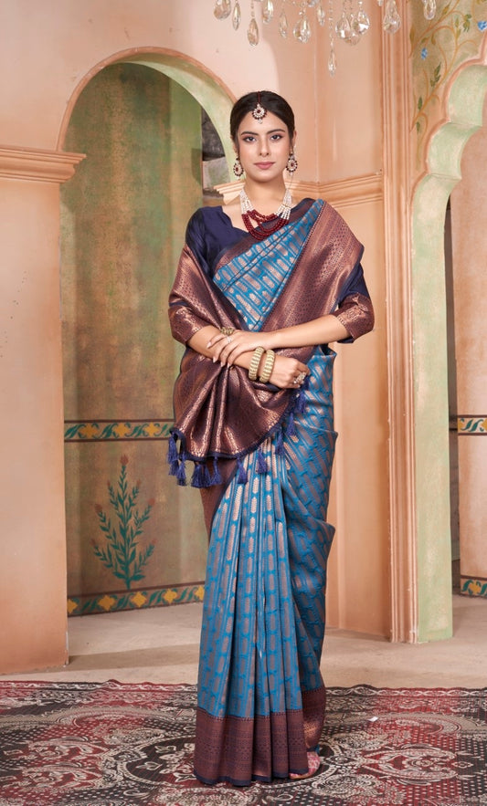 Vsaree Light Teal Faux Kanjivaram Silk Saree With Designer Zari Weaving Border And Blouse