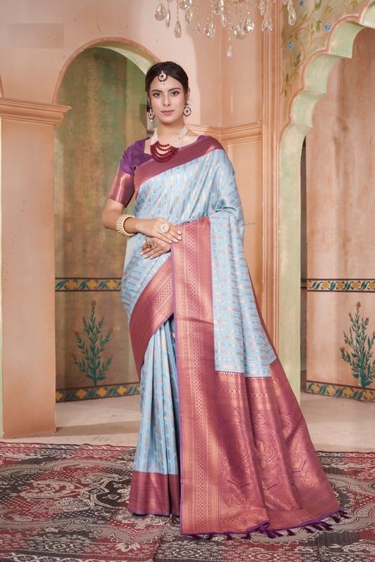 Vsaree Sky Blue Faux Kanjivaram Silk Saree With Designer Zari Weaving Border And Blouse