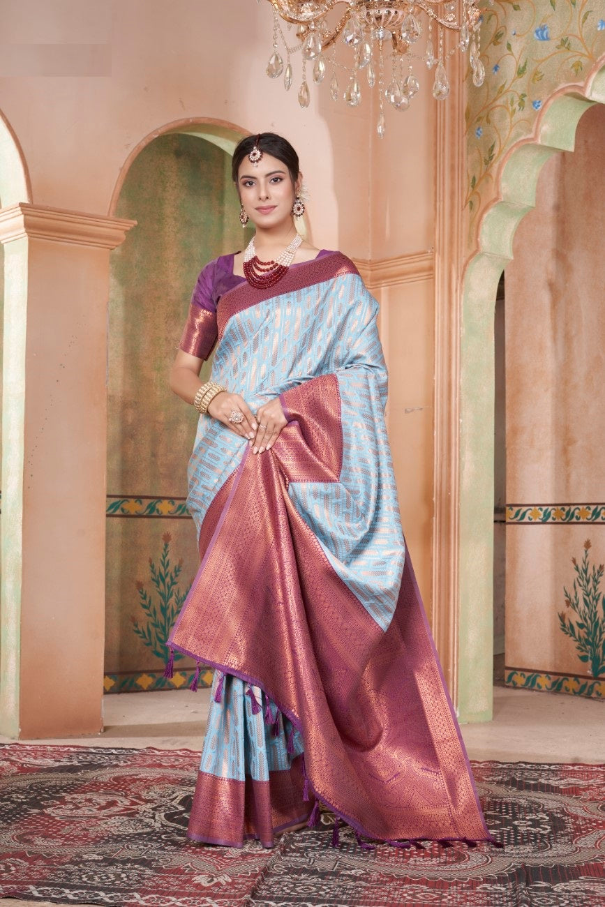 Vsaree Sky Blue Faux Kanjivaram Silk Saree With Designer Zari Weaving Border And Blouse