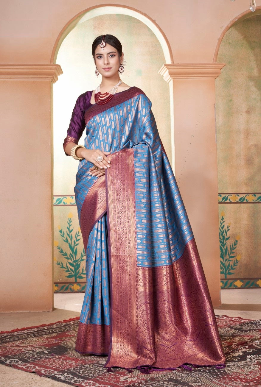 Vsaree Teal Faux Kanjivaram Silk Saree With Designer Zari Weaving Border And Blouse