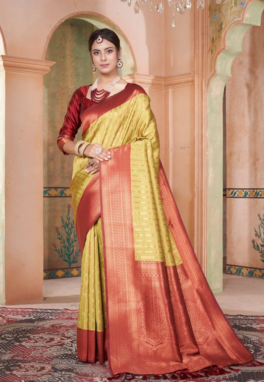 Vsaree Yellow Faux Kanjivaram Silk Saree With Designer Zari Weaving Border And Blouse