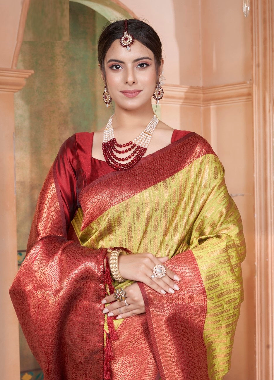 Vsaree Yellow Faux Kanjivaram Silk Saree With Designer Zari Weaving Border And Blouse