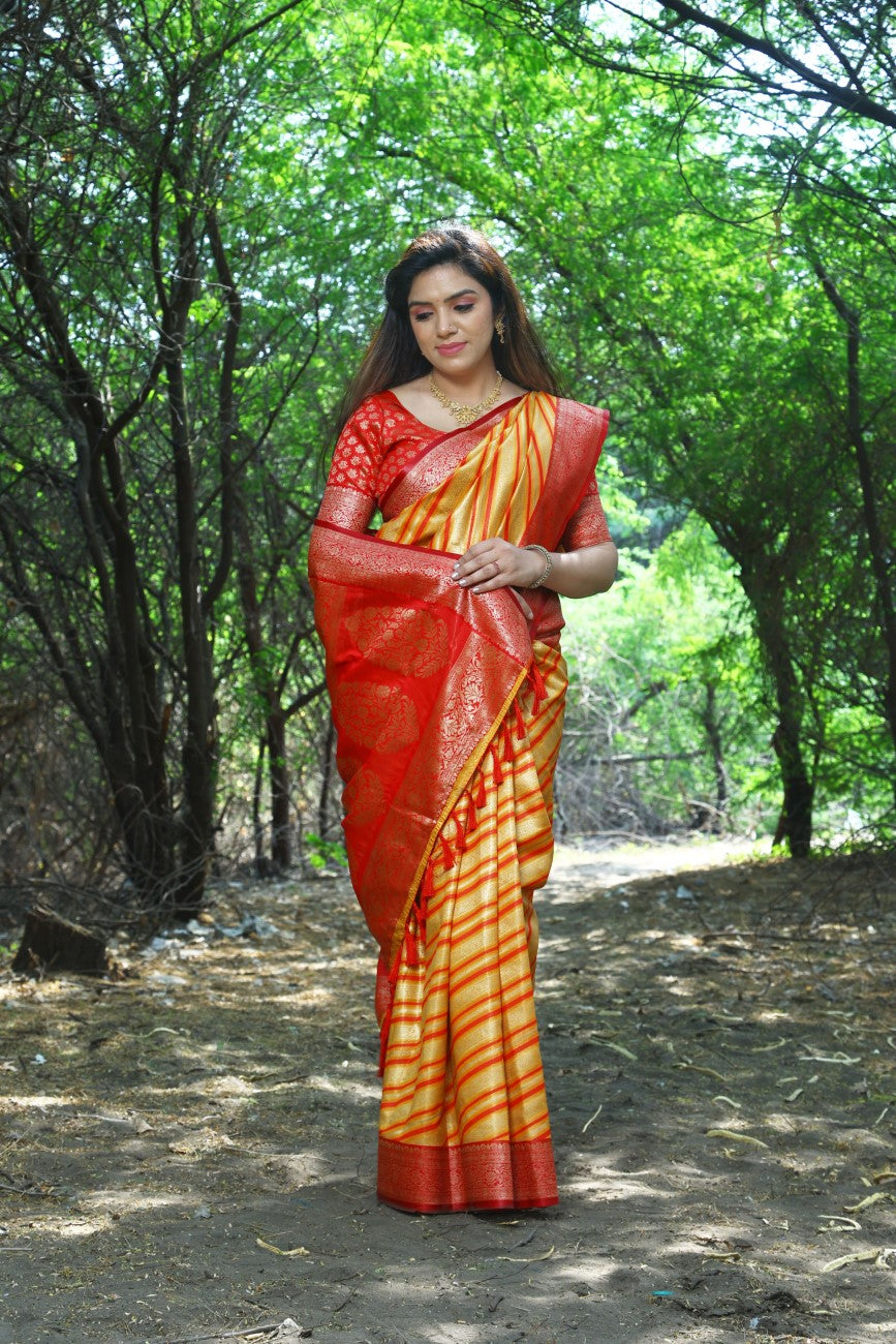 Designer Banarasi Leheriya Design Soft Silk Saree With Pure Golden Zari Border