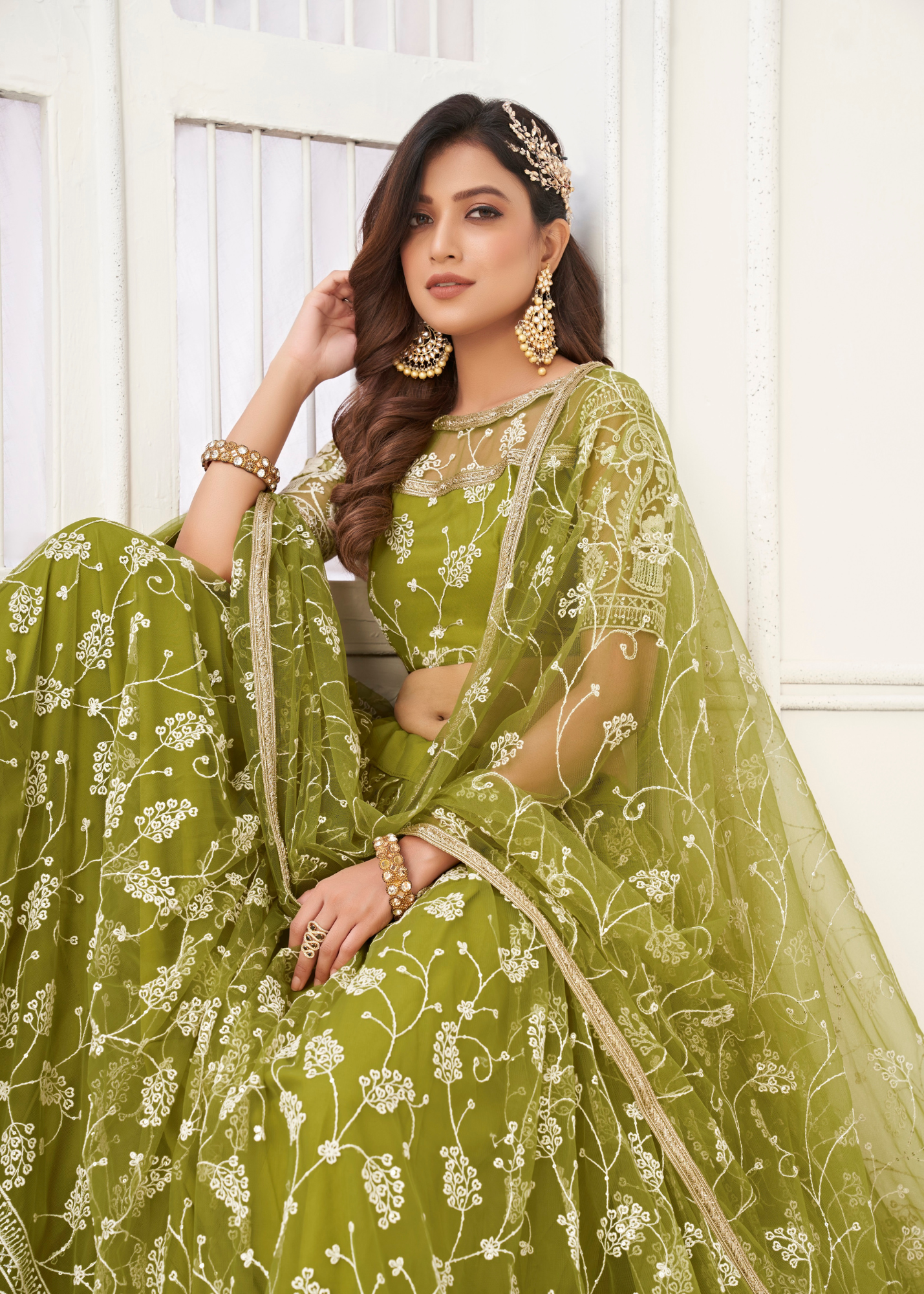 WOMEN'S OLIVE GREEN BUTTERFLY NET EMBROIDERED THREAD WORK PARTY WEAR LEHENGA CHOLI