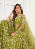 WOMEN'S OLIVE GREEN BUTTERFLY NET EMBROIDERED THREAD WORK PARTY WEAR LEHENGA CHOLI