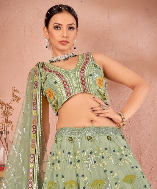 WOMEN'S GREEN GEORGETTE PREMIUM SEQUANCE AND MULTI THREAD WORK OCCASION WEAR LEHENGA CHOLI