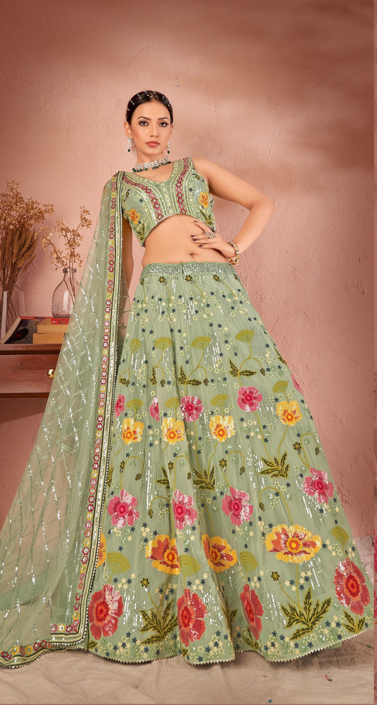 WOMEN'S GREEN GEORGETTE PREMIUM SEQUANCE AND MULTI THREAD WORK OCCASION WEAR LEHENGA CHOLI