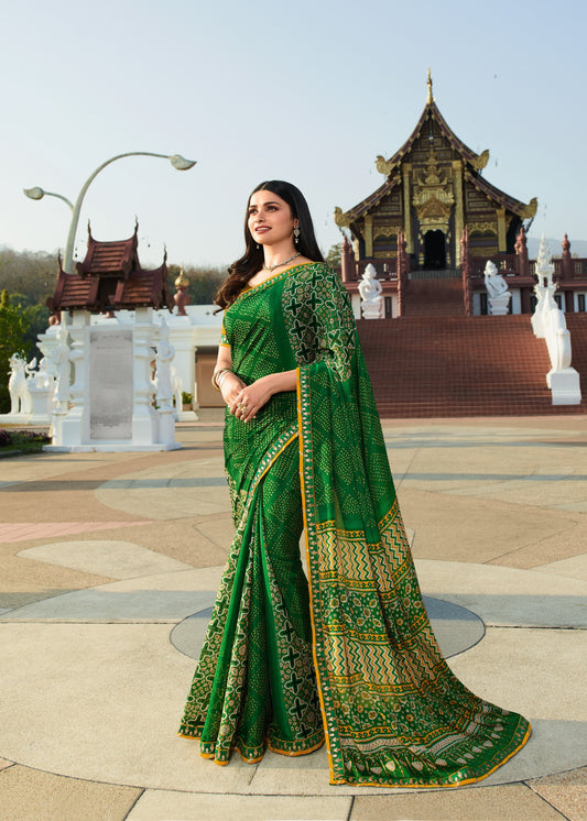 Vsaree Green Banglori Printed Pallu And Designer Border Saree With Banglori Blouse For Women