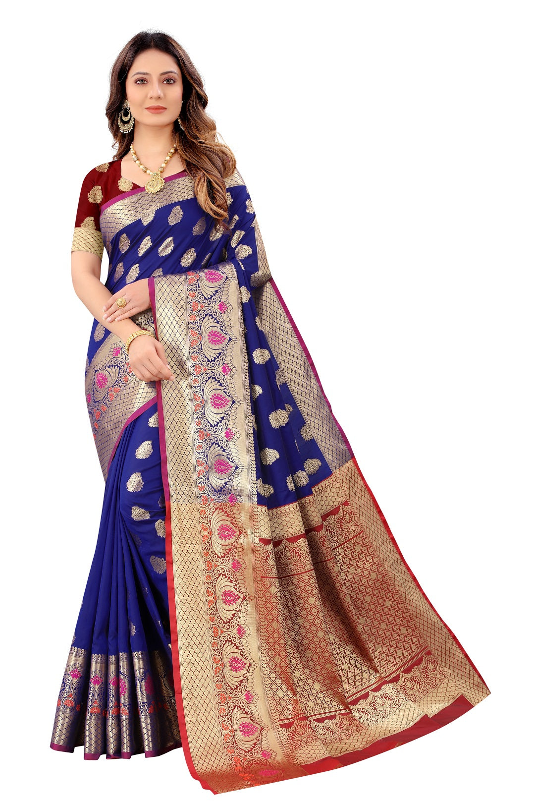 Vsaree Womens Blue Color Meenakari Work Golden Zeri Border Saree With Stitched Blouse