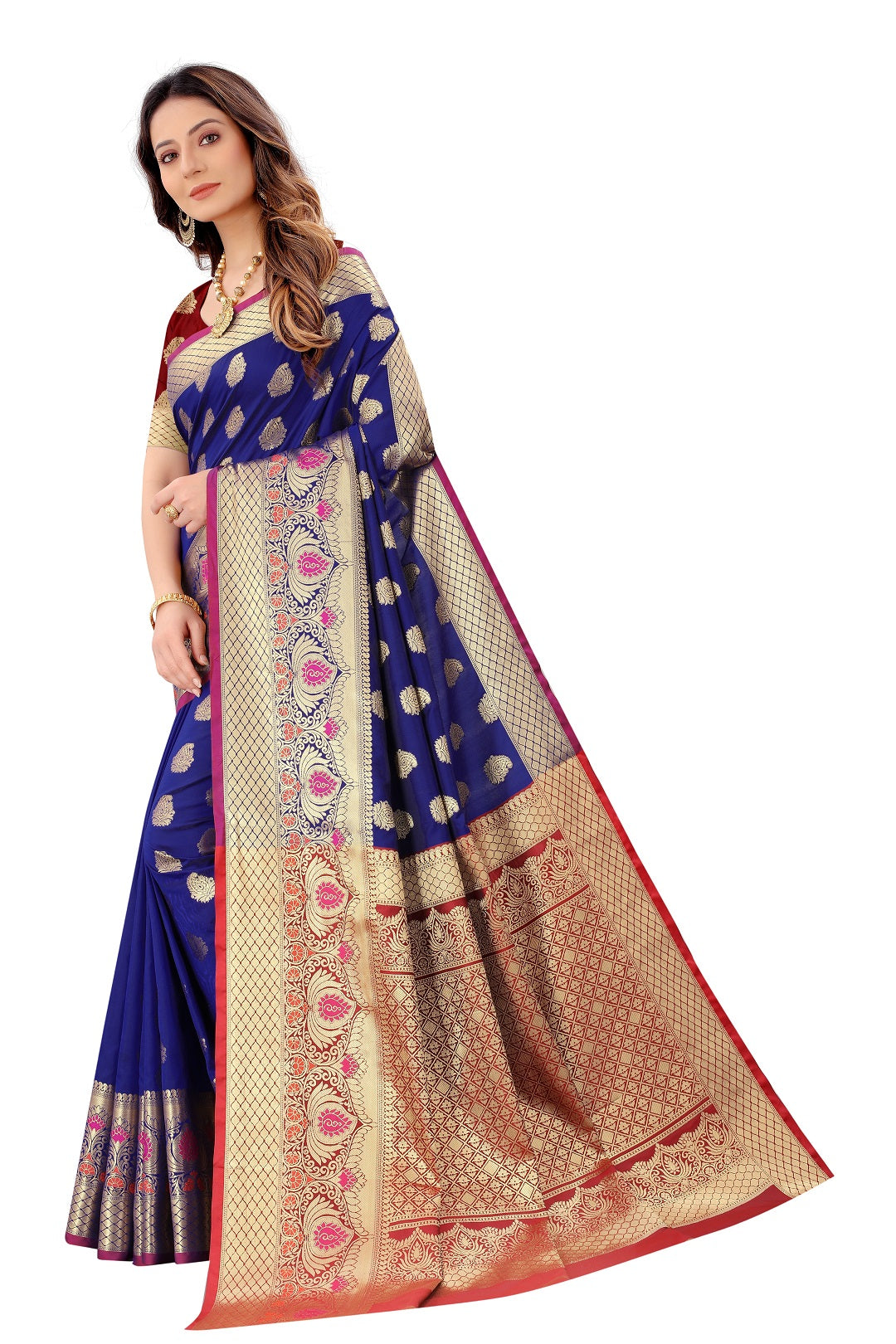 Vsaree Womens Blue Color Meenakari Work Golden Zeri Border Saree With Stitched Blouse