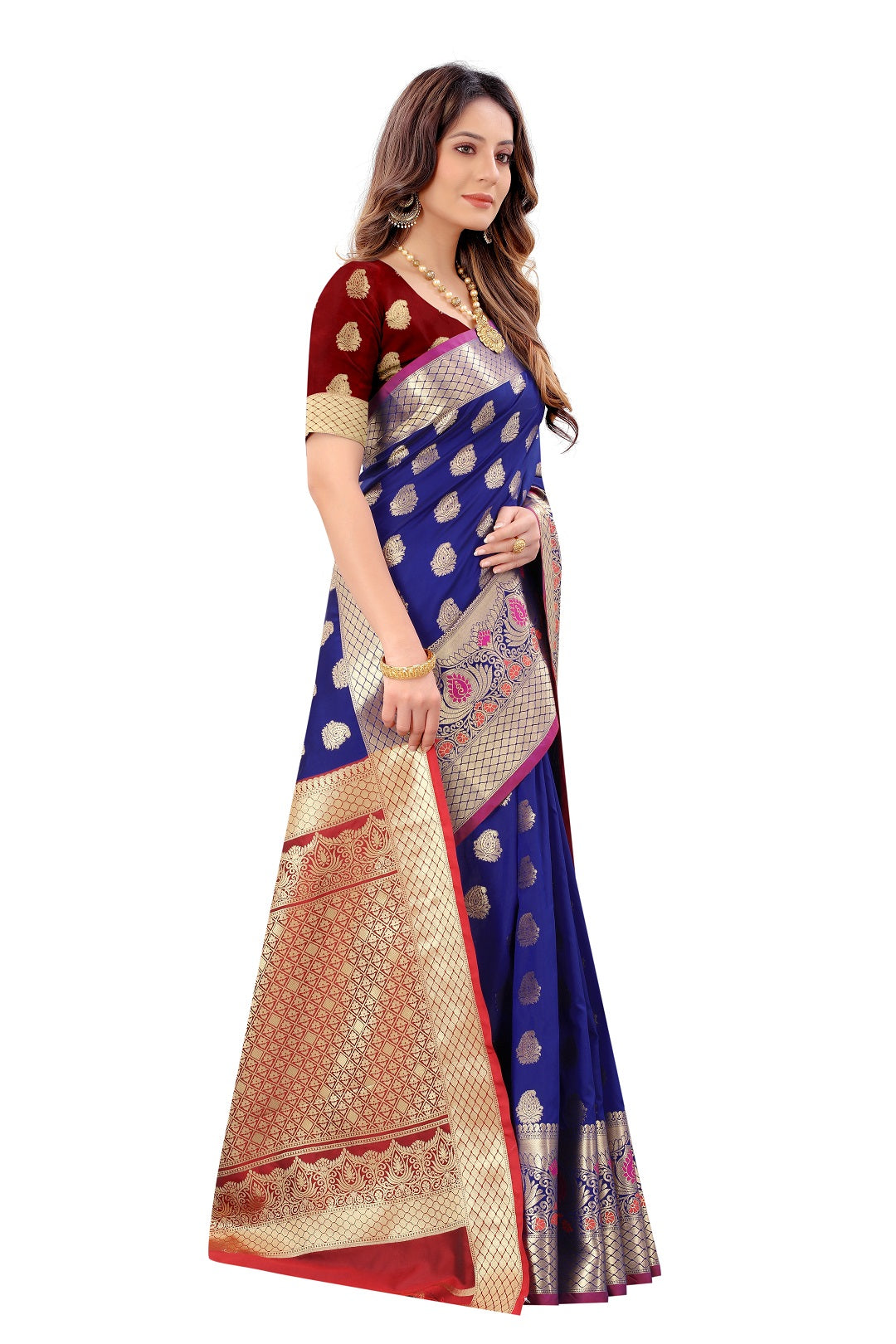 Vsaree Womens Blue Color Meenakari Work Golden Zeri Border Saree With Stitched Blouse