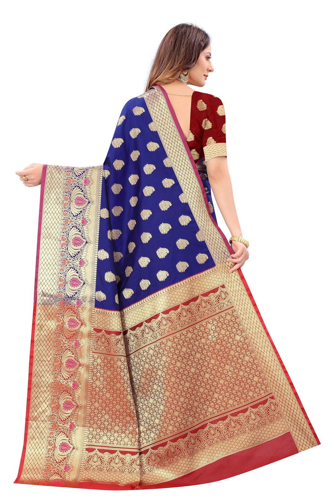 Vsaree Womens Blue Color Meenakari Work Golden Zeri Border Saree With Stitched Blouse