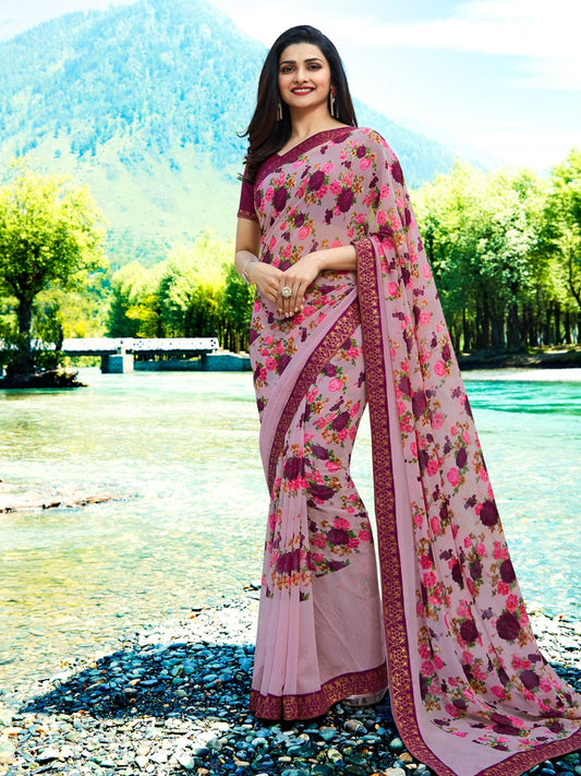 Vsaree Pink Rose Georette Designer And Printed Work Saree With Banglory Blouse For Women