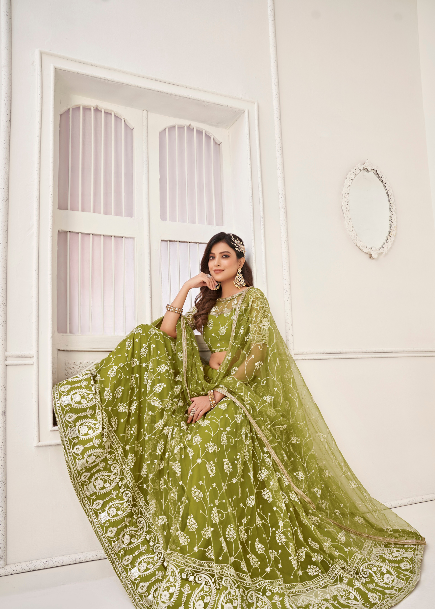 WOMEN'S OLIVE GREEN BUTTERFLY NET EMBROIDERED THREAD WORK PARTY WEAR LEHENGA CHOLI