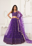 WOMEN'S WOMEN'S PURPLE BUTTERFLY NET EMBROIDERED THREAD WORK DESIGNER LEHENGA CHOLI