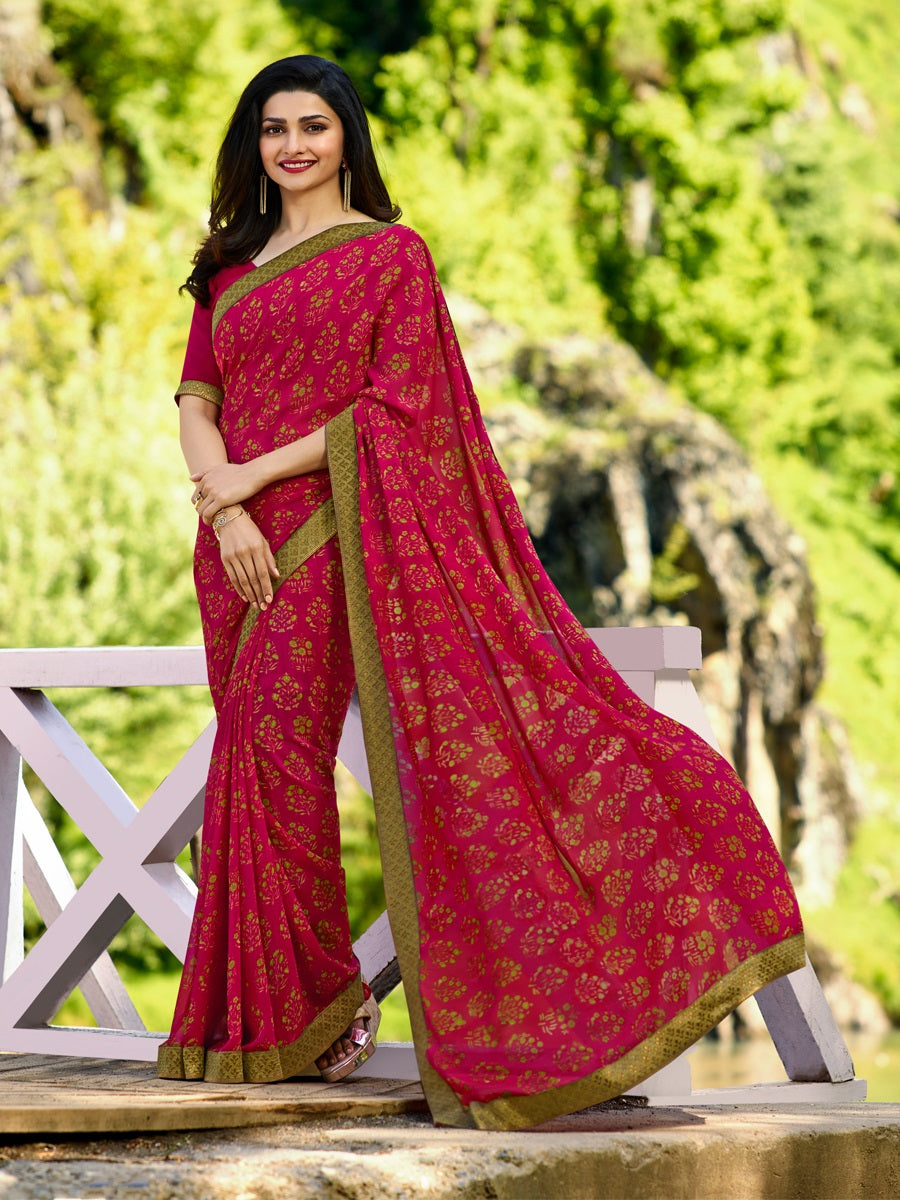 Vsaree Pink Georette Designer And Printed Work Saree With Banglory Blouse For Women