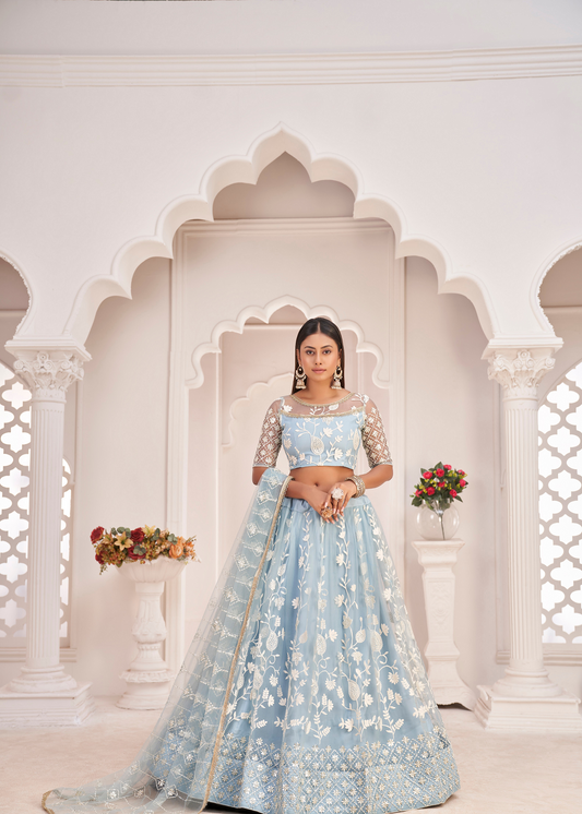 WOMEN'S SKY BLUE BUTTERFLY NET EMBROIDERED THREAD WORK FESTIVALS LEHENGA CHOLI