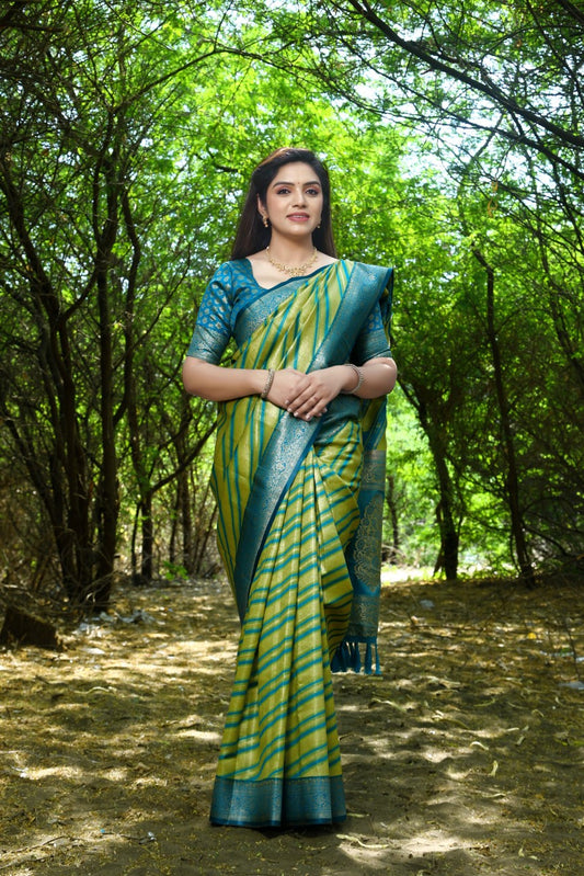 Designer Banarasi Leheriya Design Soft Silk Saree With Pure Golden Zari Border